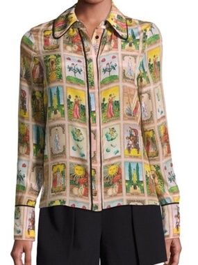 Alice and Olivia Alfie Tarot Card SIlkShirt in Mystical Print Size S